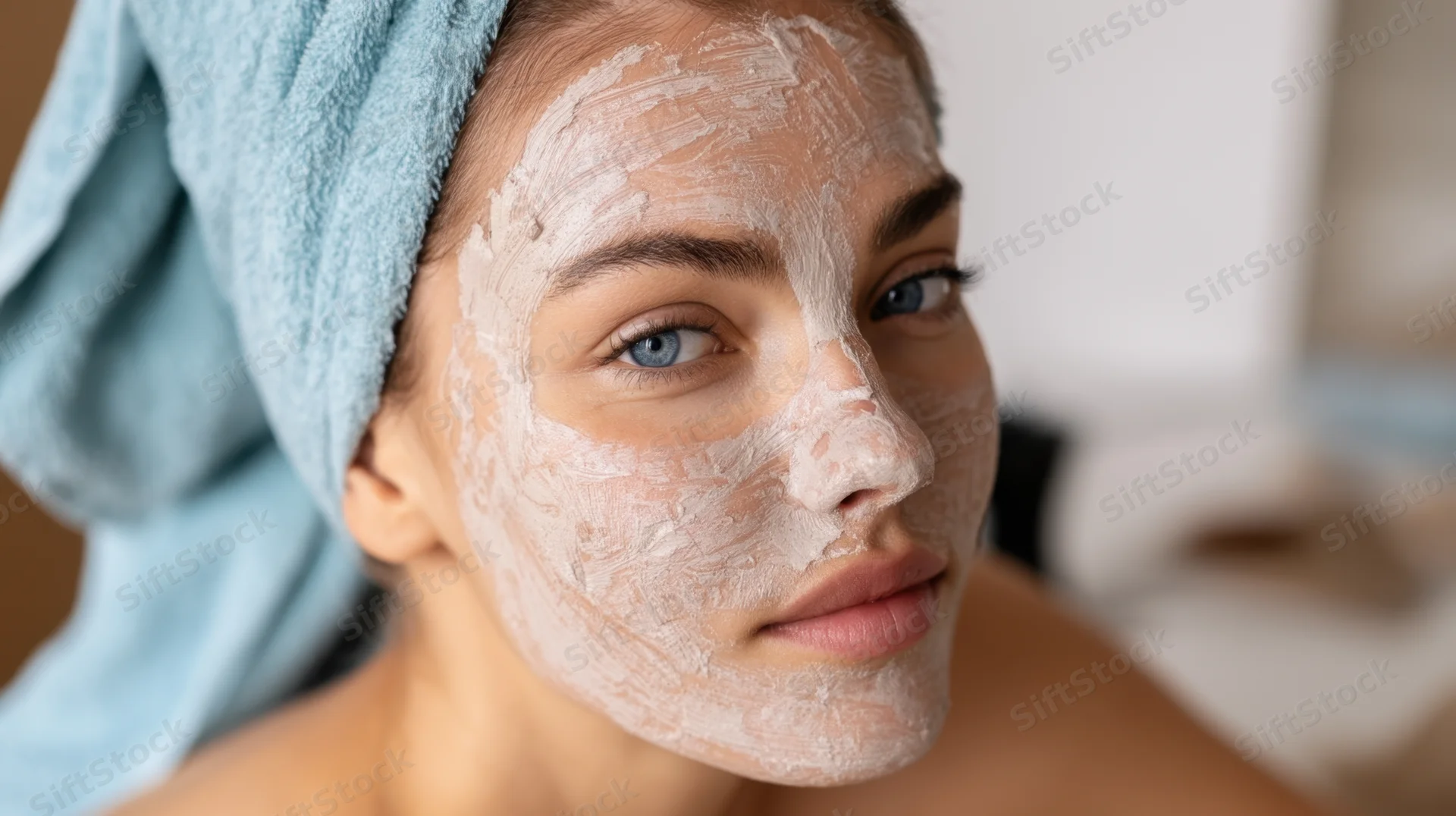 Young woman with clay facial mask on face, towel wrapped around head, indoor closeup