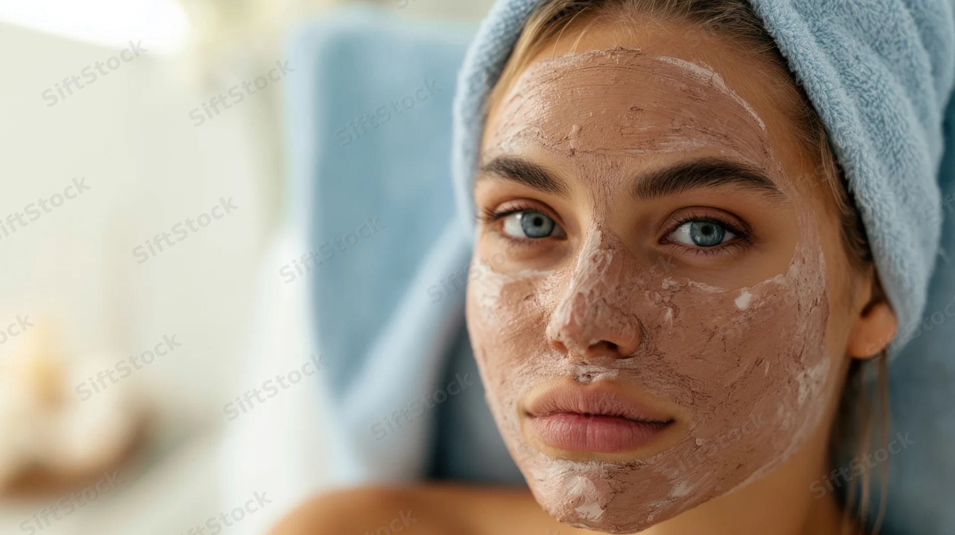 Of a young woman with a clay facial mask showcasing skincare