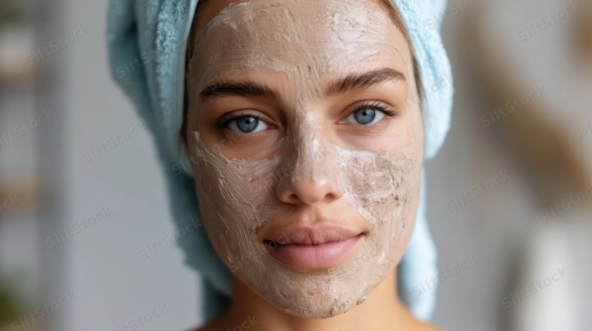 Young woman with clay facial mask on face, towel wrapped around head, close-up view