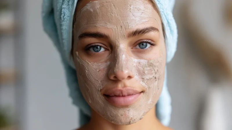 Young woman with clay facial mask on face, towel wrapped around head, close-up view