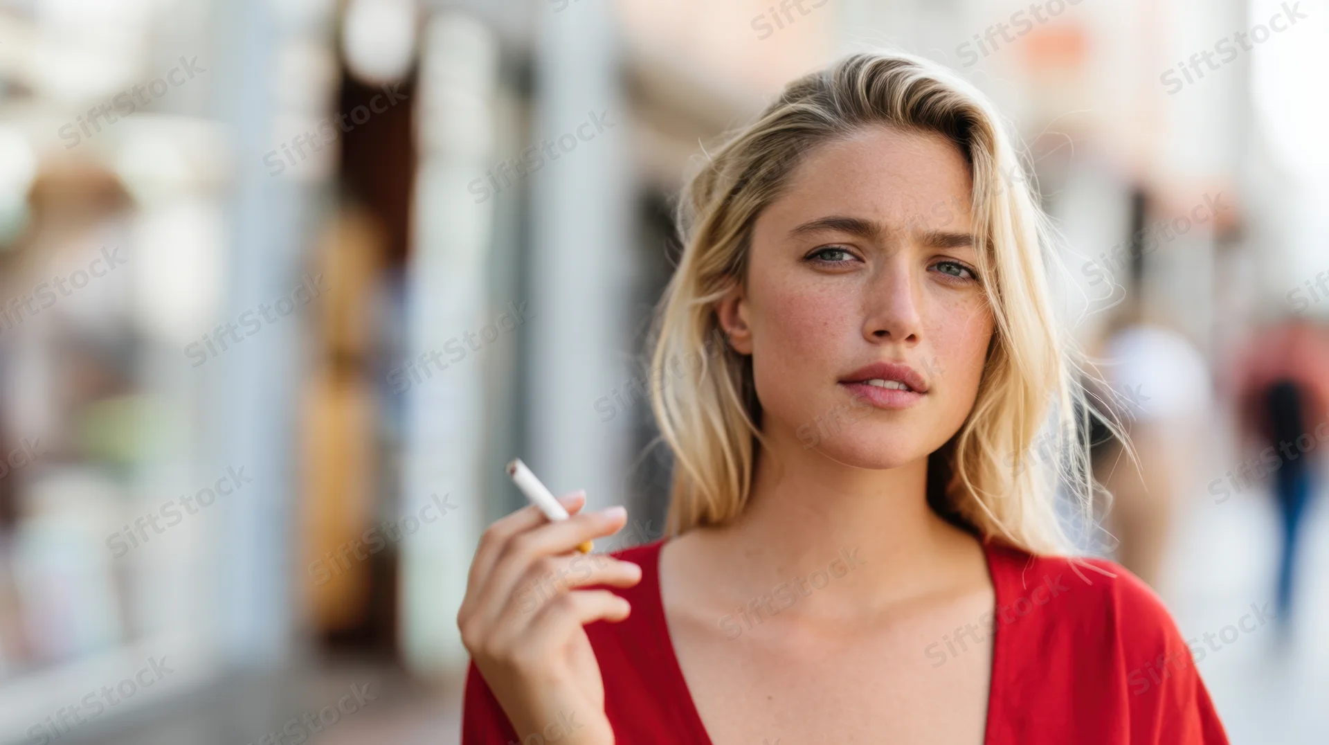 Young blonde woman with concerned expression holding cigarette outdoors on city street