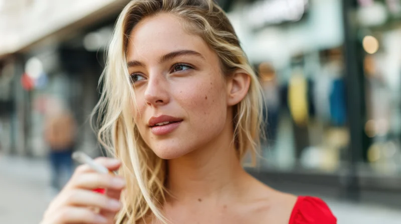 Young blonde woman smoking a cigarette outdoors on a city sidewalk near storefronts