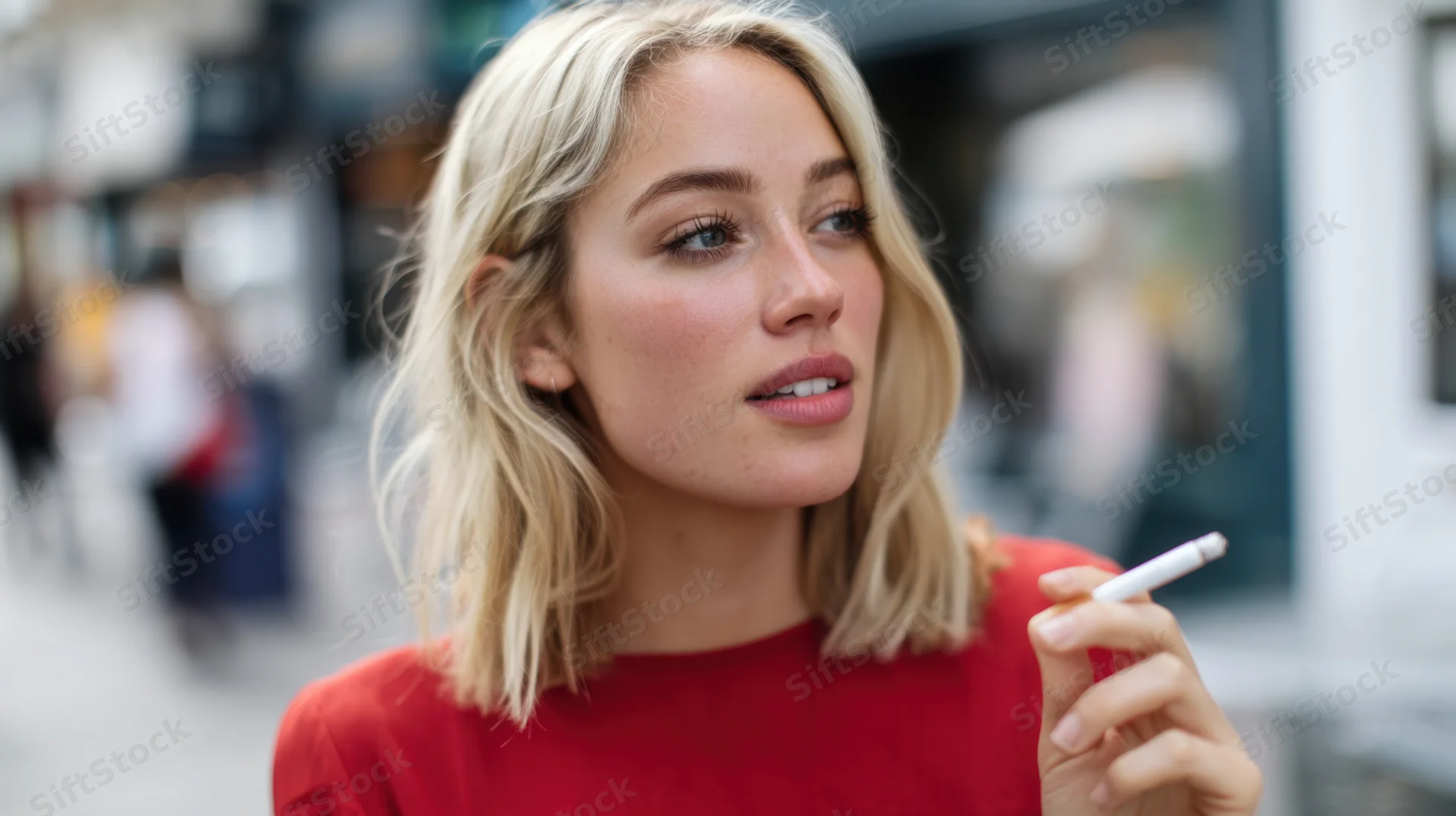 Young blonde woman smoking a cigarette outdoors on a city street