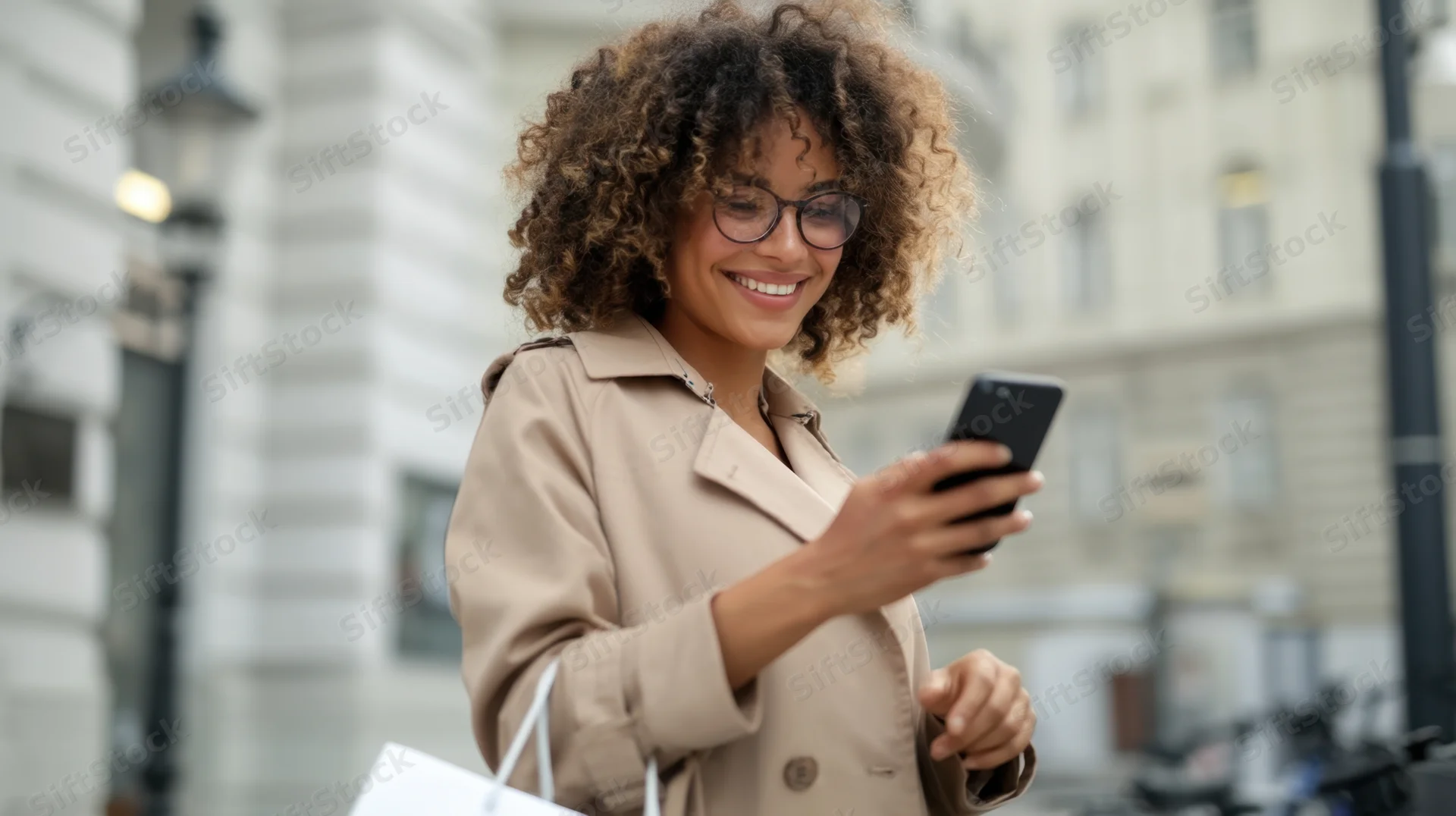 Young black woman smiling while using smartphone on city street with shopping bag
