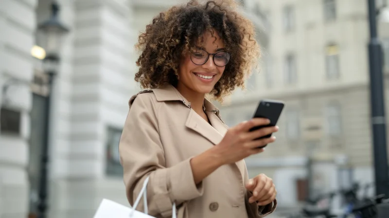 Young black woman smiling while using smartphone on city street with shopping bag