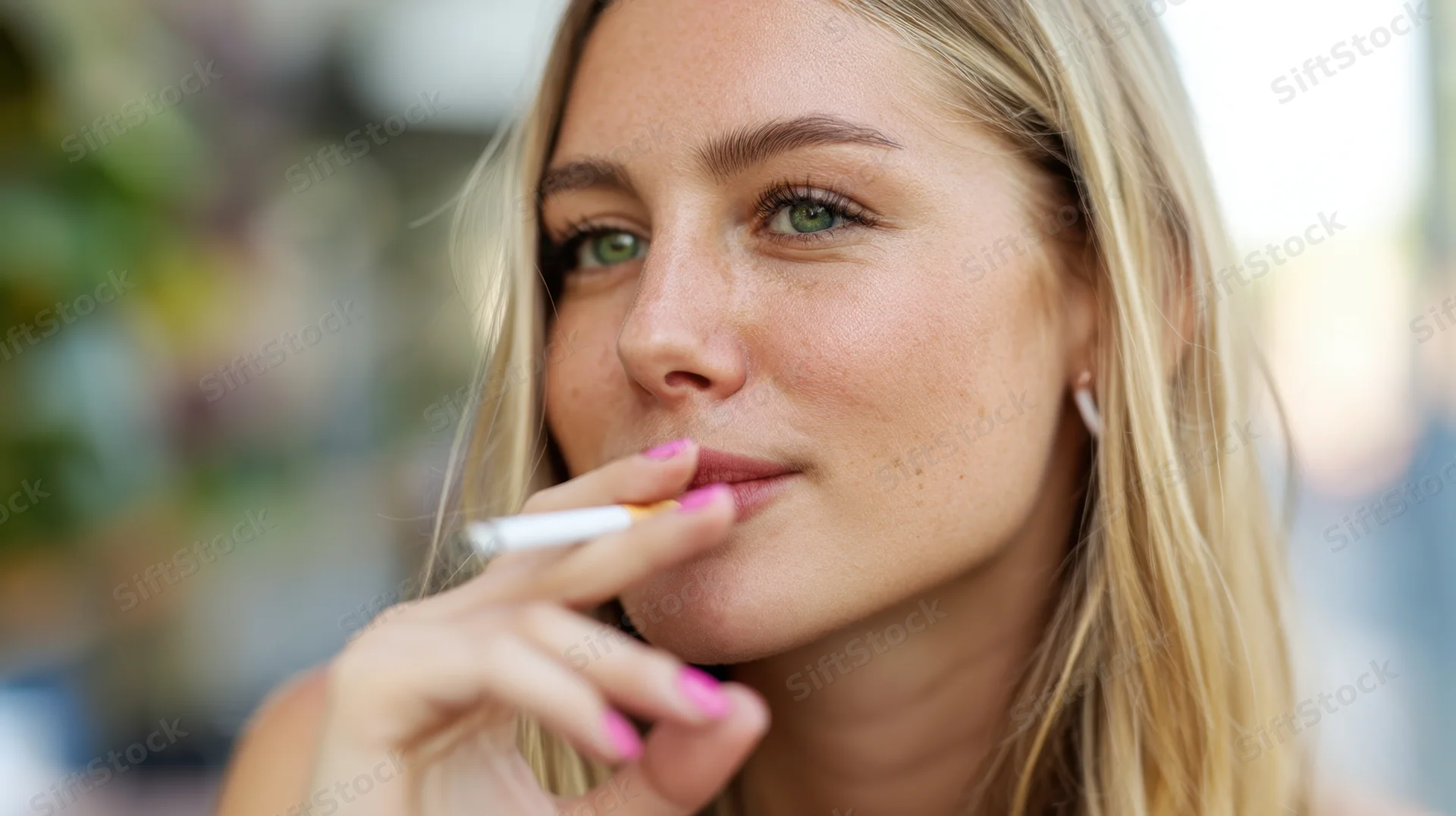 Young blonde woman smoking a cigarette outdoors with pink nails and green eyes in closeup portrait