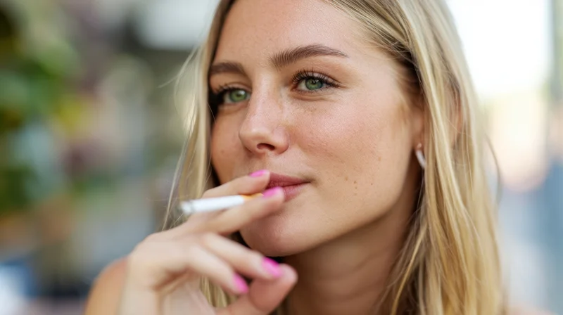 Young blonde woman smoking a cigarette outdoors with pink nails and green eyes in closeup portrait