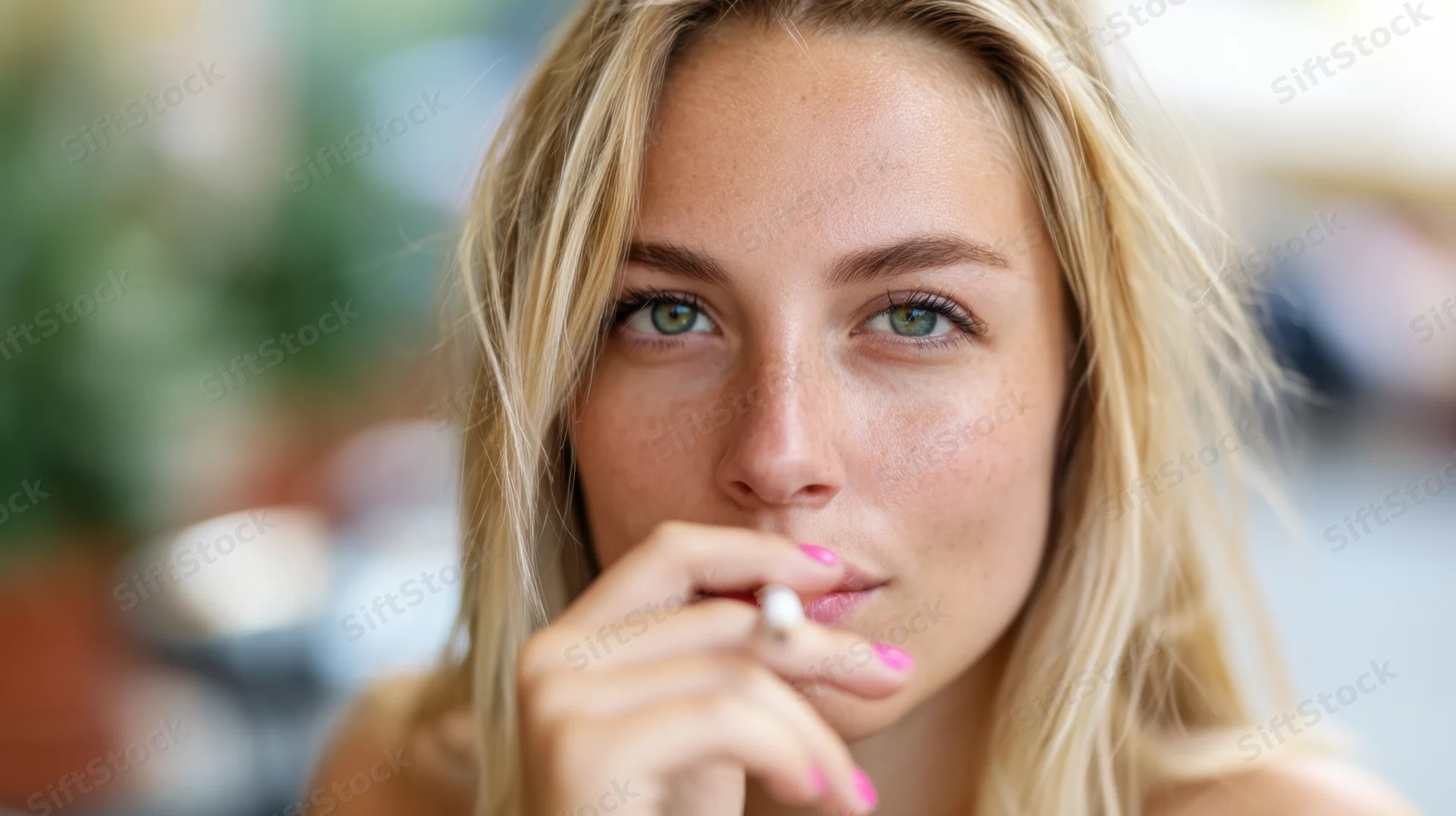 Young woman with long blonde hair and green eyes holding a cigarette to her lips in a close-up portrait indoors