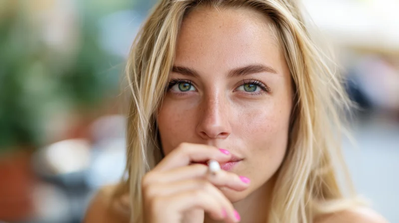 Young woman with long blonde hair and green eyes holding a cigarette to her lips in a close-up portrait indoors