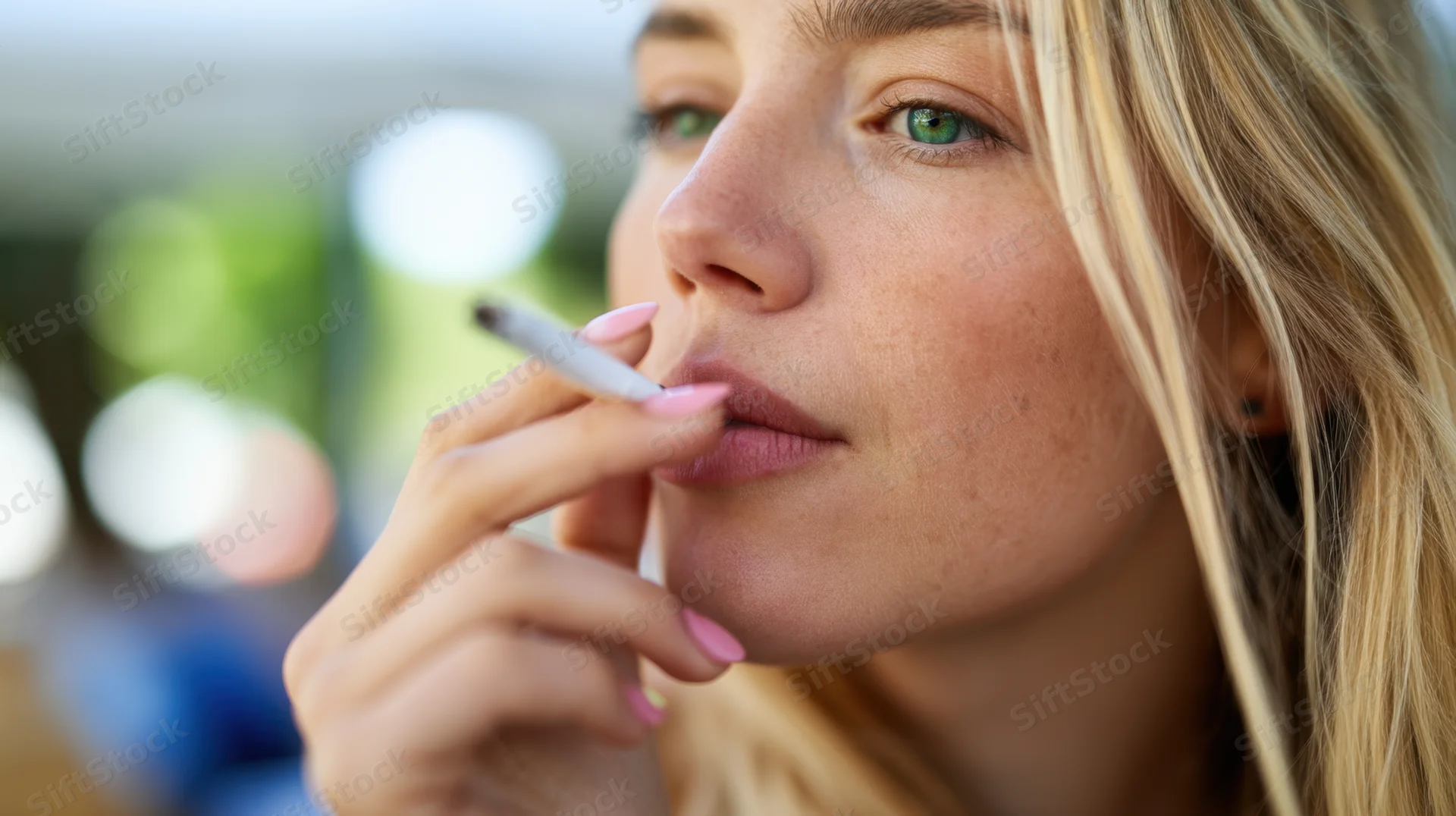 Young woman smoking a cigarette outdoors in close-up side profile