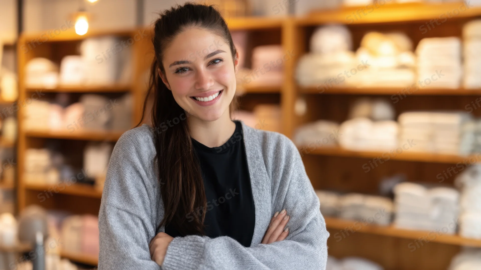 Young woman smiling with arms crossed in a home goods store interior