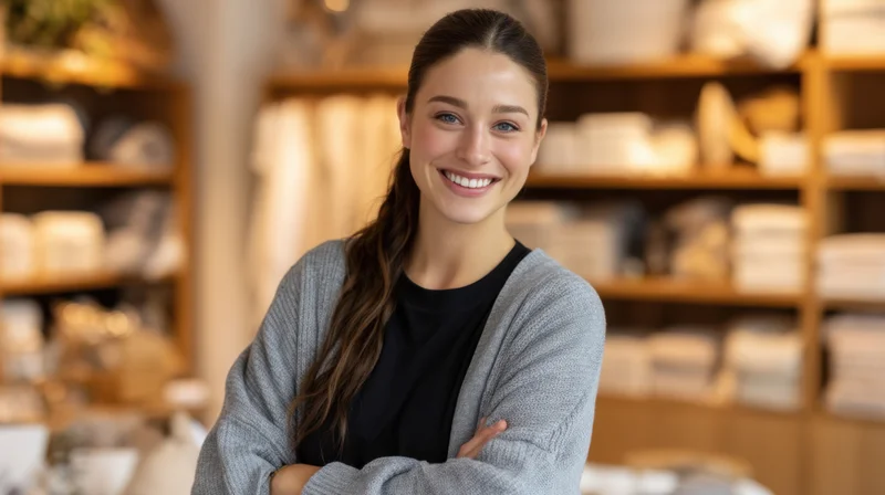 Young woman smiling with arms crossed in a home goods store interior