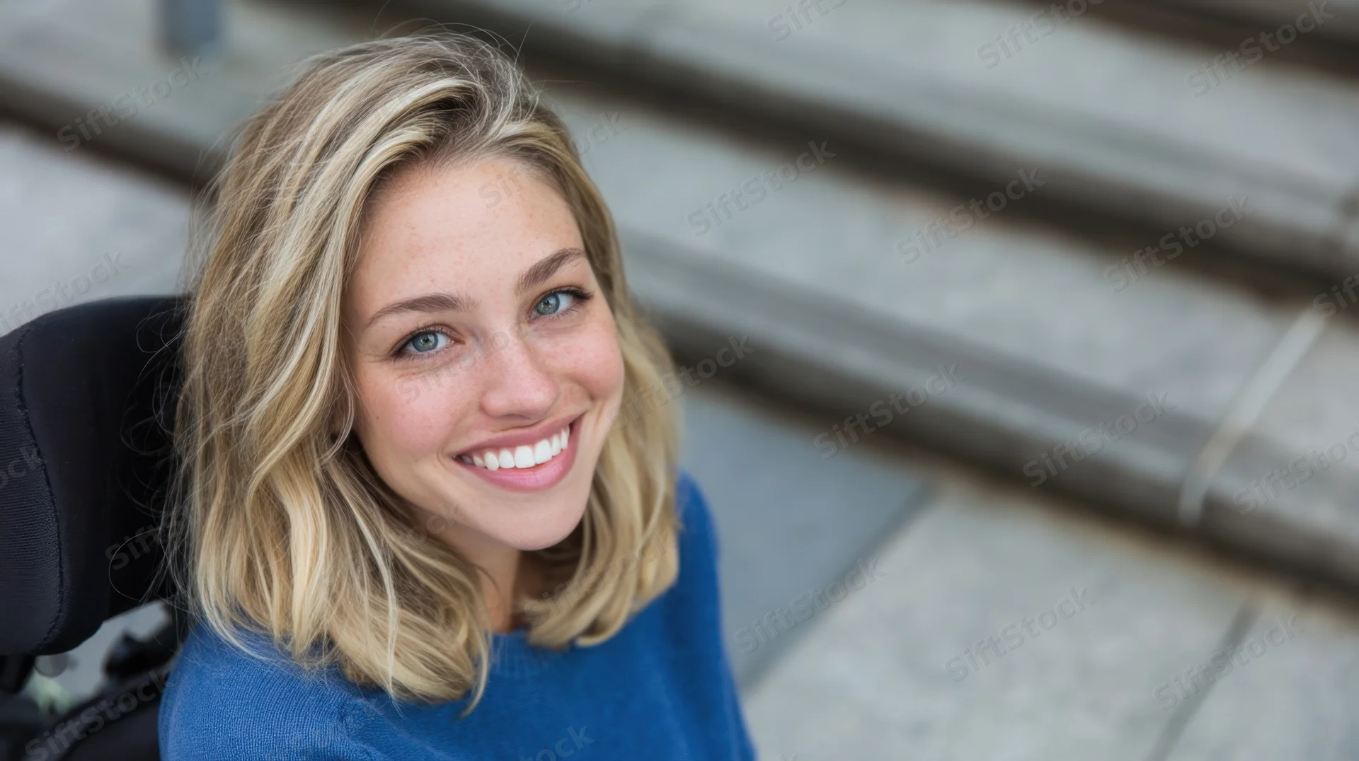 Young woman smiling in wheelchair outdoors near concrete steps