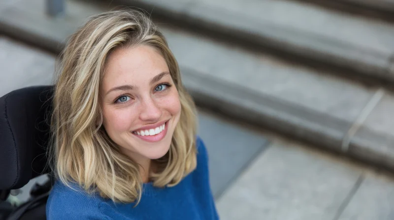 Young woman smiling in wheelchair outdoors near concrete steps