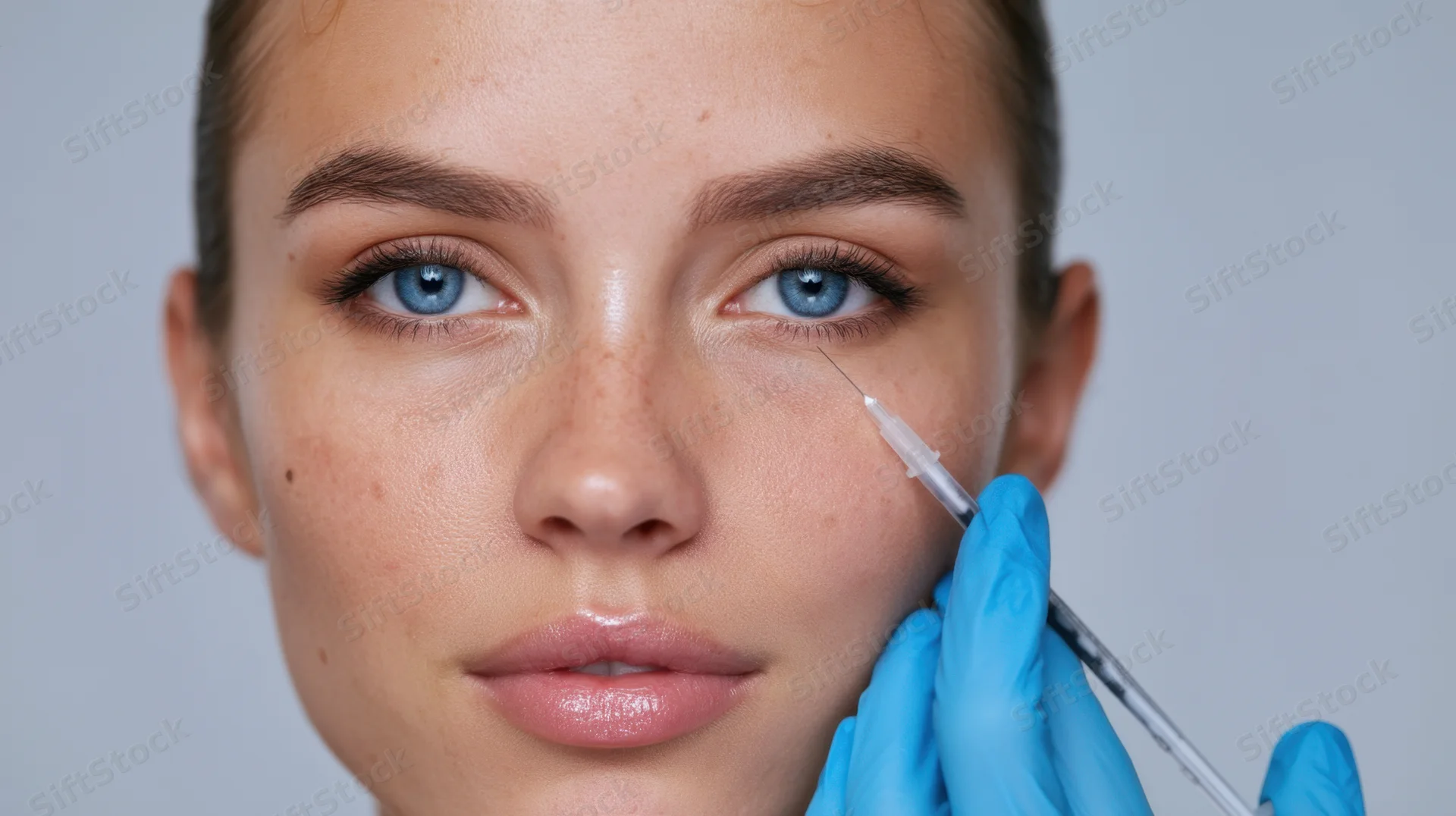 Young woman receiving facial injection with syringe held by gloved hand