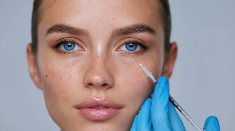 Young woman receiving facial injection with syringe held by gloved hand