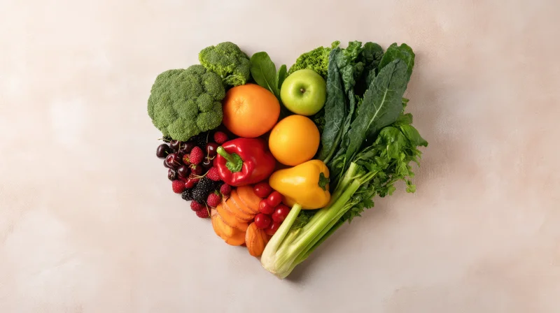 Heart-shaped arrangement of fresh vegetables and fruits on a light surface