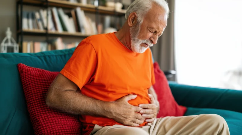 Elderly man clutching his stomach in pain while sitting on a teal couch at home