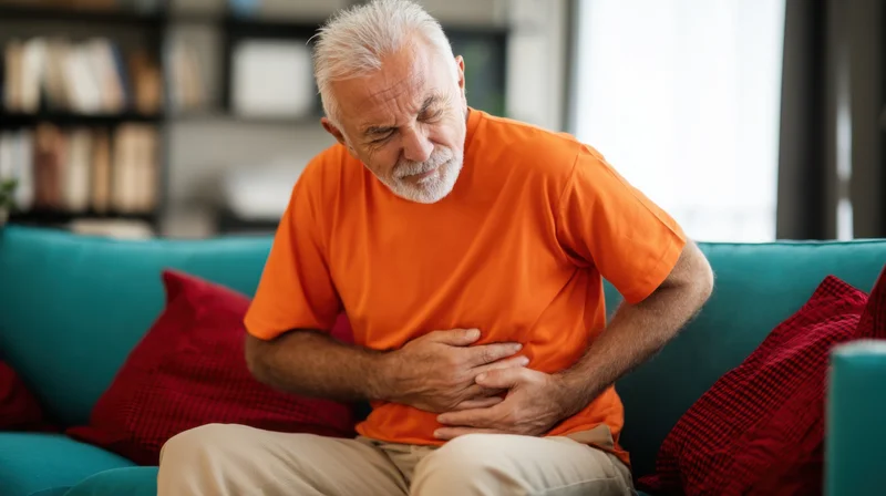 Elderly man holding his stomach in pain while sitting on a teal couch in a living room