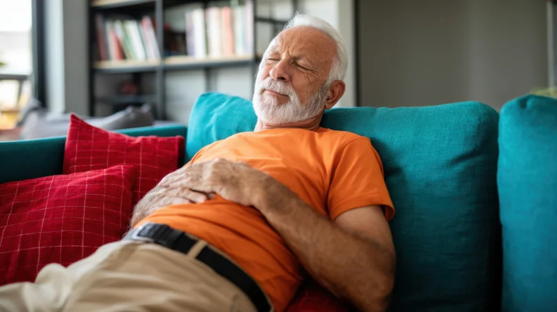 Senior man resting with eyes closed on teal couch in living room