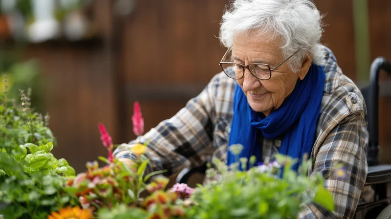 Elderly woman in wheelchair tending vibrant garden outdoors