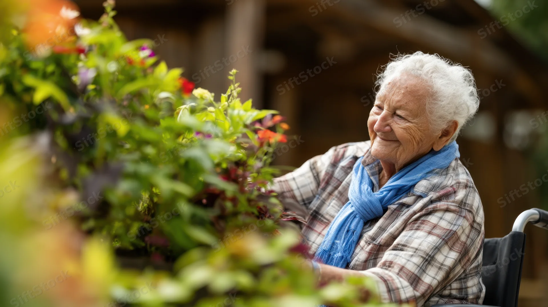 Elderly woman in wheelchair tending vibrant garden outdoors smiling