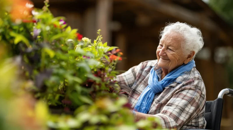 Elderly woman in wheelchair tending vibrant garden outdoors smiling