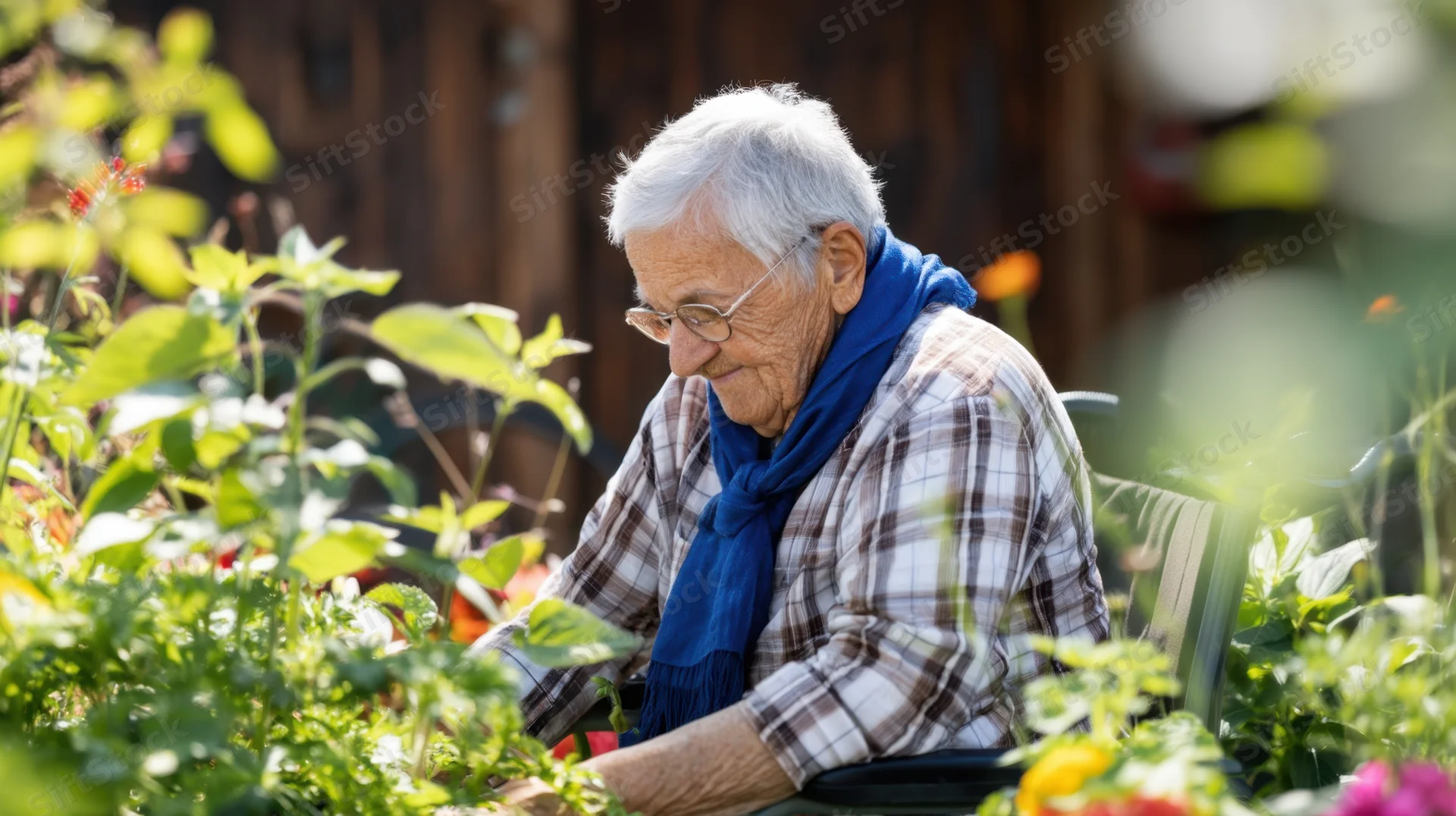 Senior woman in wheelchair tending vibrant garden plants outdoors