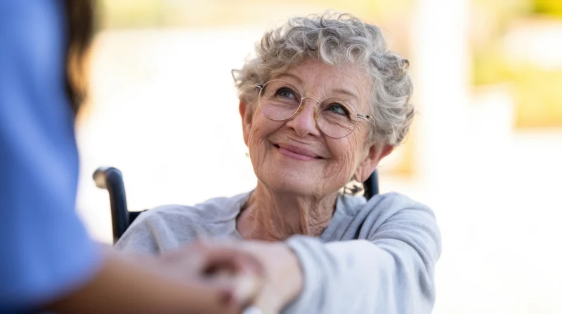 Elderly woman smiling while seated in wheelchair, holding hand of caregiver outdoors