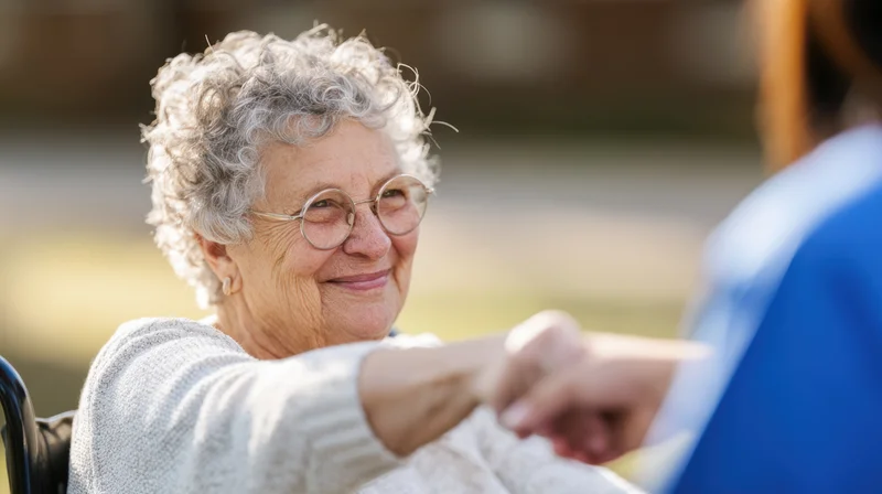 Elderly woman smiling and pointing while interacting with a caregiver outdoors