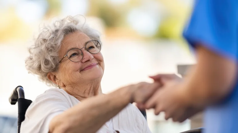 Elderly woman in wheelchair smiling while holding hands with caregiver outdoors