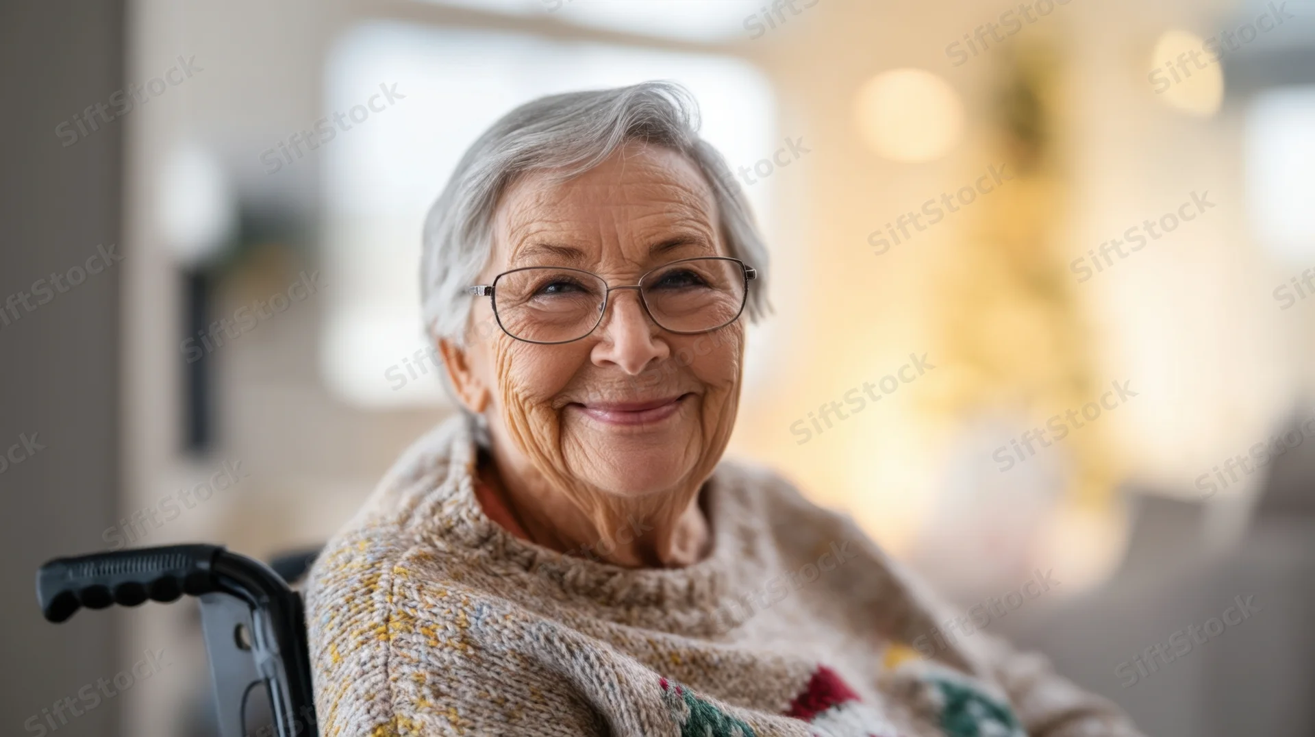 Elderly woman smiling in wheelchair wearing glasses and knitted sweater in cozy home interior with blurred christmas lights in background