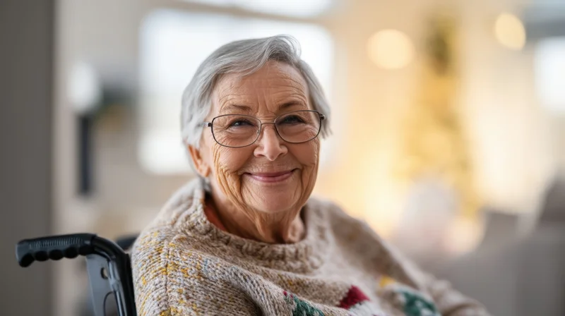 Elderly woman smiling in wheelchair wearing glasses and knitted sweater in cozy home interior with blurred christmas lights in background