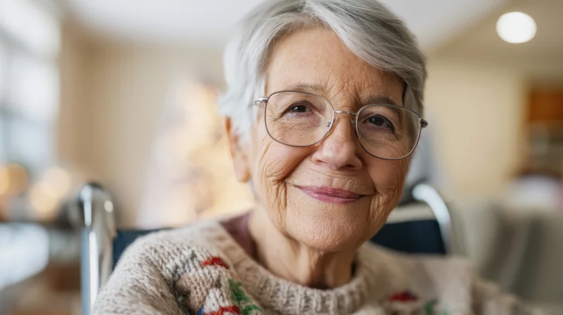 Elderly woman with short gray hair and glasses smiling in a wheelchair indoors