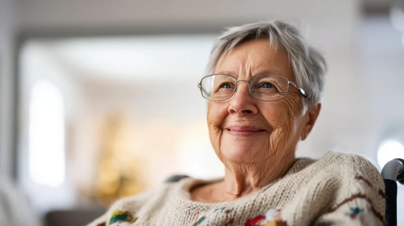 Elderly woman with short gray hair and glasses smiling gently in a cozy indoor setting