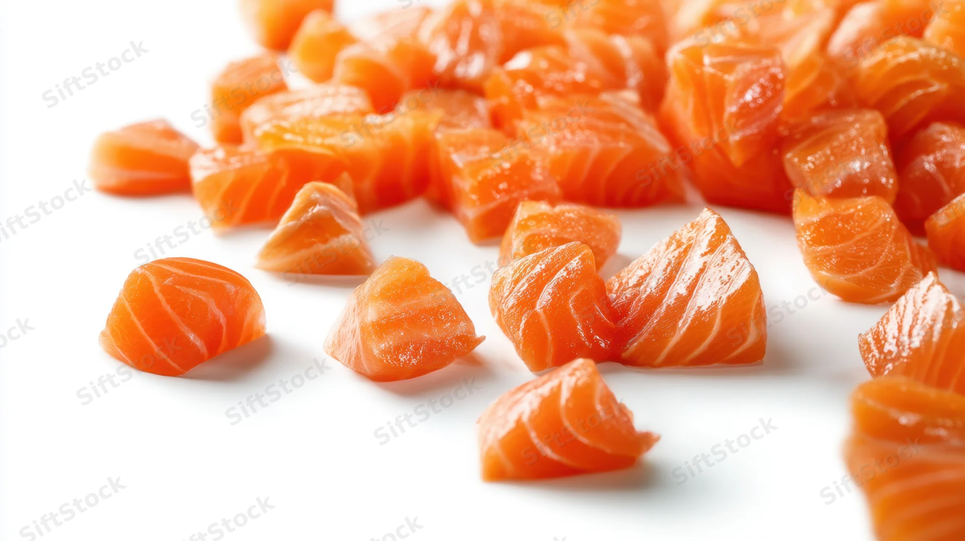 Diced salmon pieces scattered across a white background with copyspace
