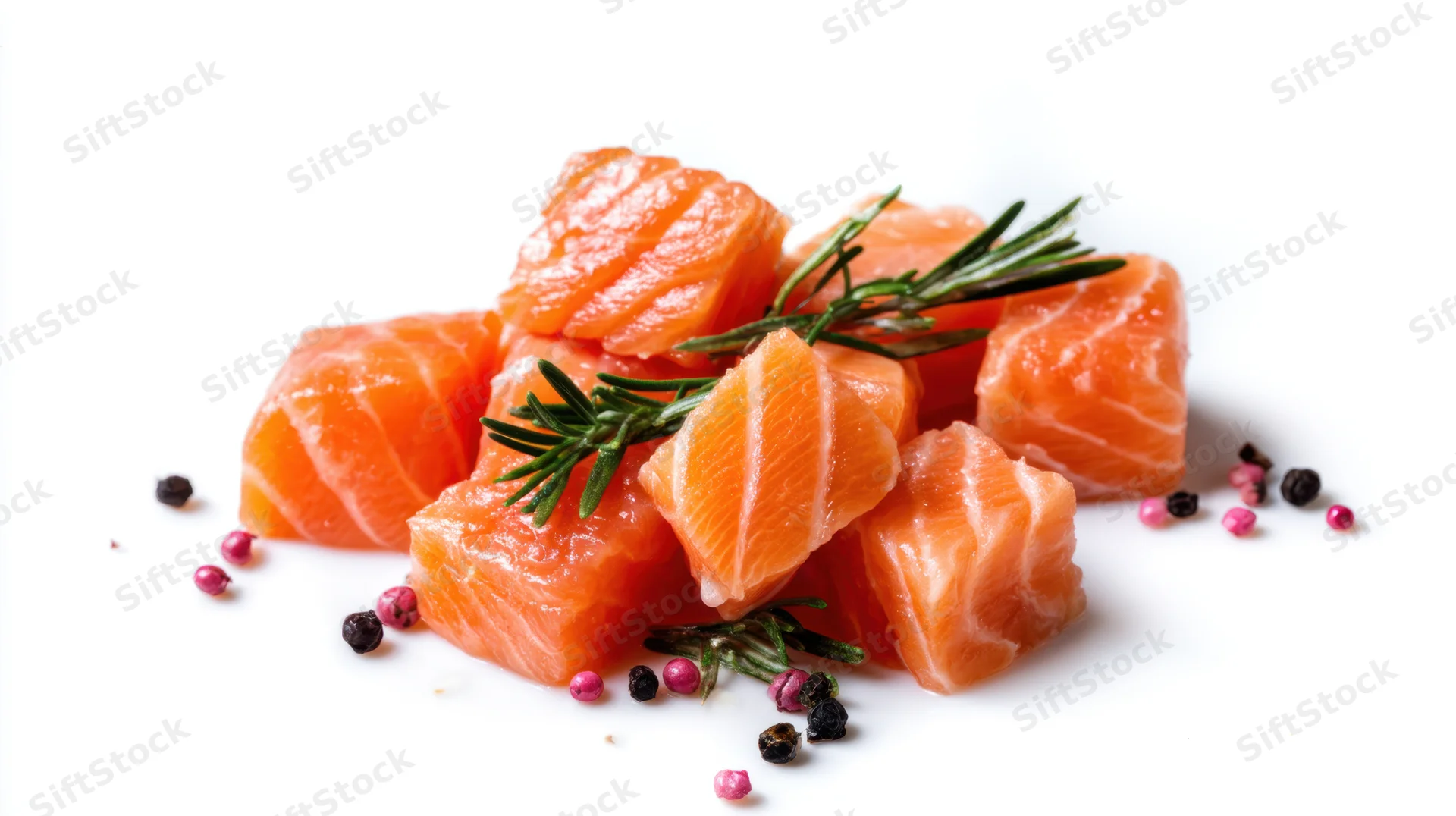 Fresh salmon cubes arranged with rosemary and peppercorns on white background