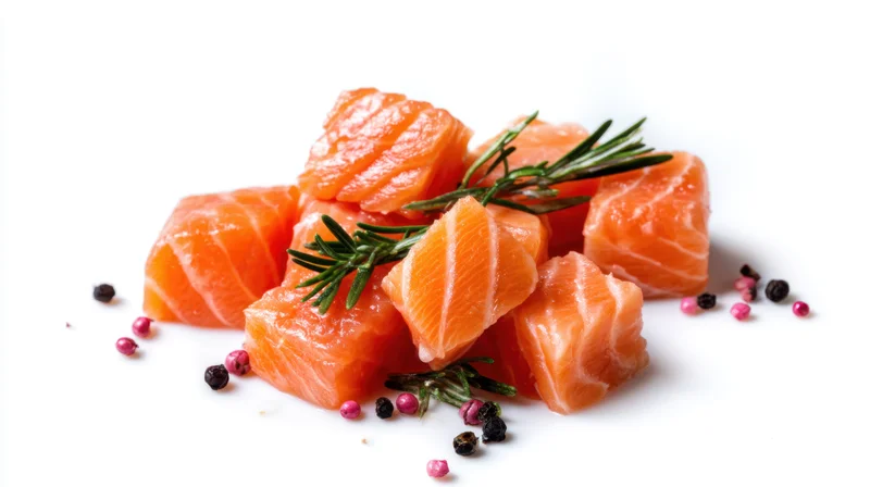 Fresh salmon cubes arranged with rosemary and peppercorns on white background