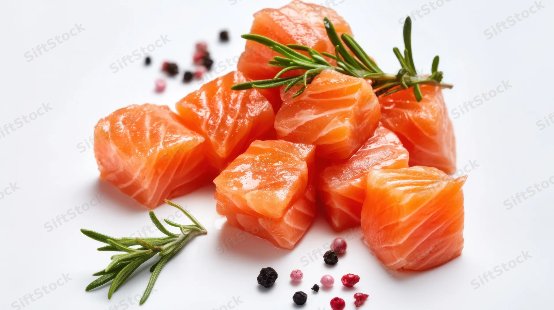 Raw salmon cubes arranged with rosemary and peppercorns on a white background