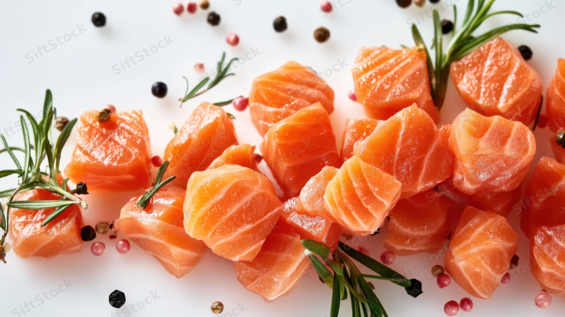 Fresh salmon cubes arranged with rosemary and peppercorns on white background