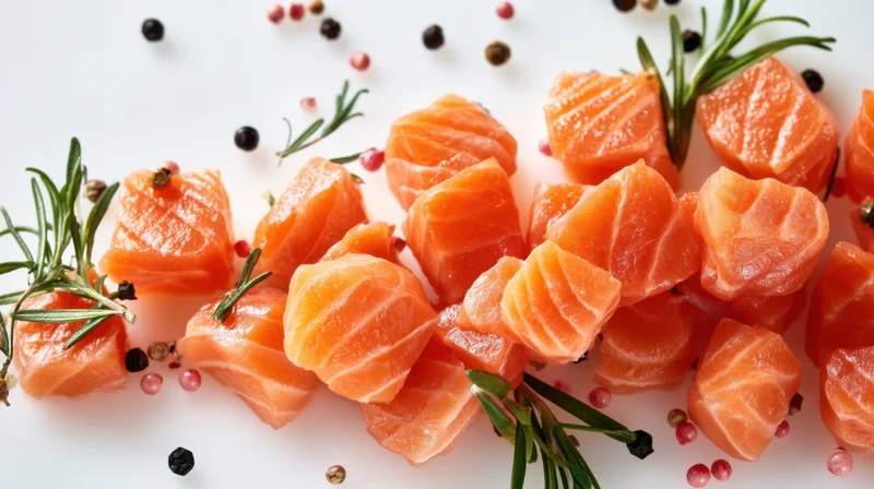 Fresh salmon cubes arranged with rosemary and peppercorns on white background