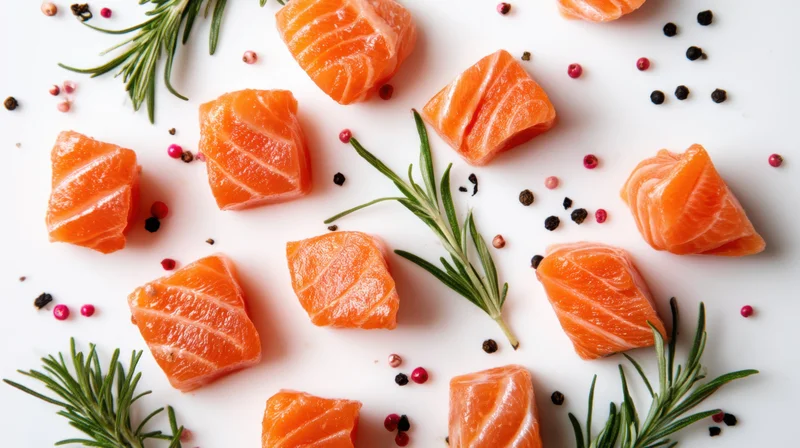 Fresh salmon cubes arranged with rosemary and peppercorns on white background