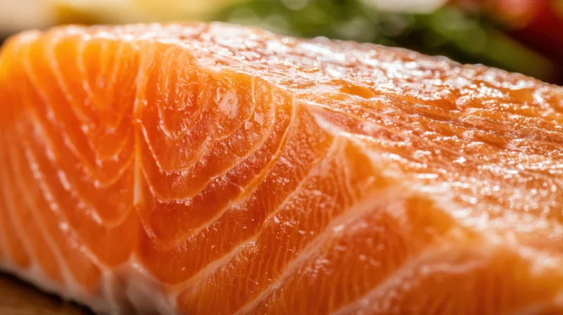 Closeup of fresh raw salmon fillet showing intricate fat marbling and glossy texture