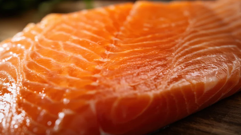 Closeup of fresh raw salmon fillet showing intricate muscle striations on wooden surface