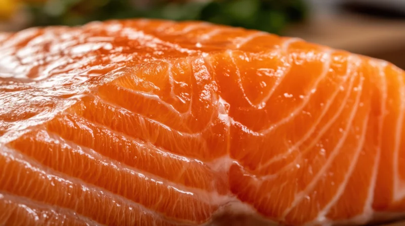 Closeup of fresh raw salmon fillet showing orange flesh and white fat marbling