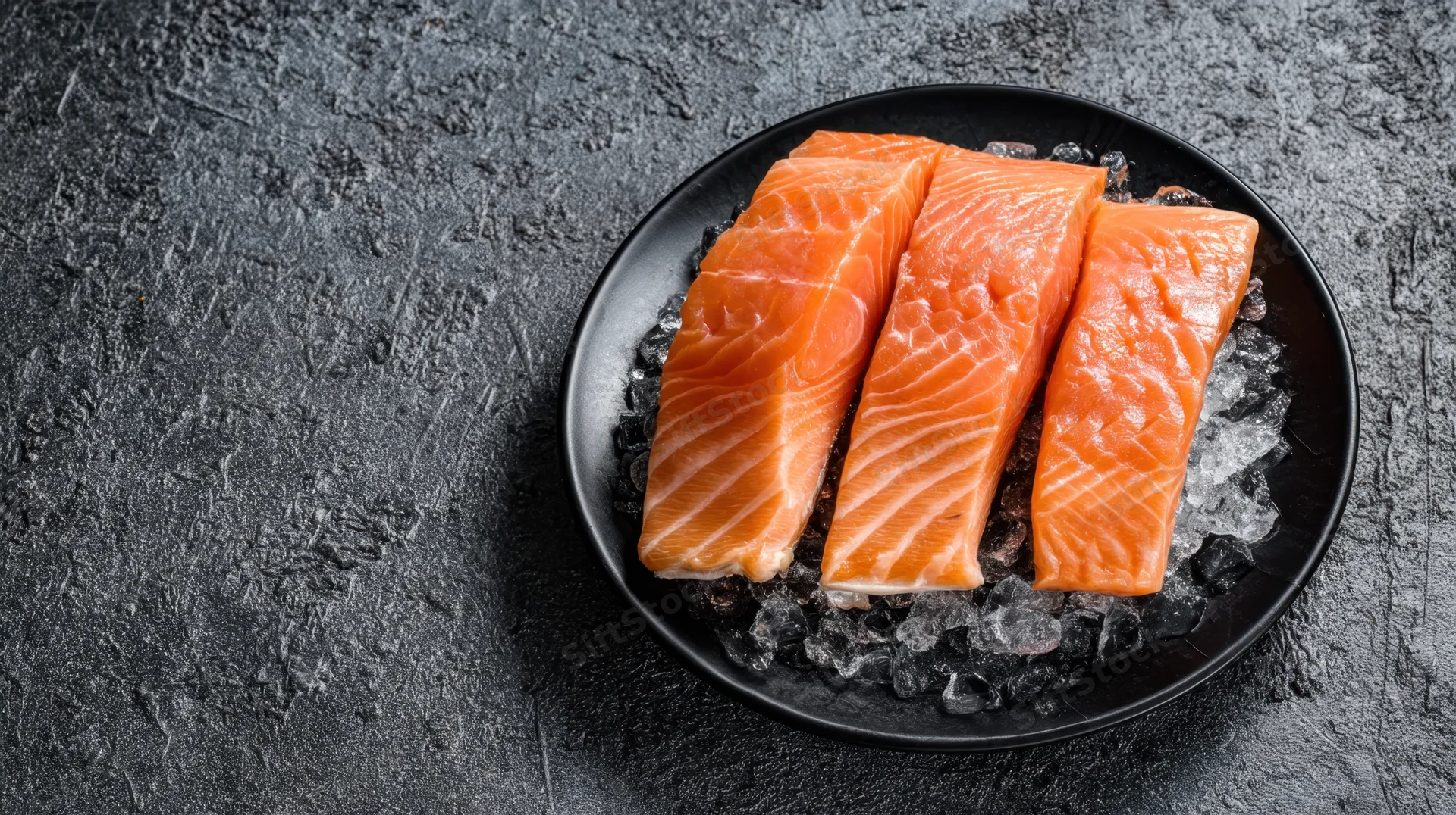 Fresh salmon fillets arranged on crushed ice in a black plate on dark textured surface