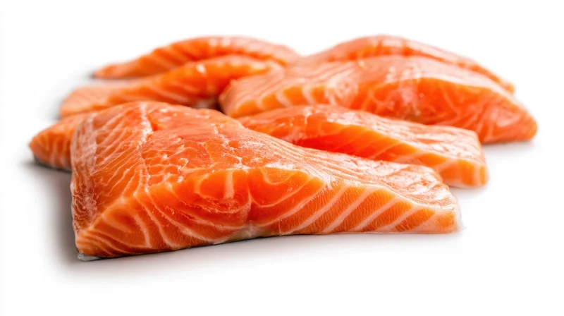 Fresh salmon fillets arranged in overlapping rows on a white background