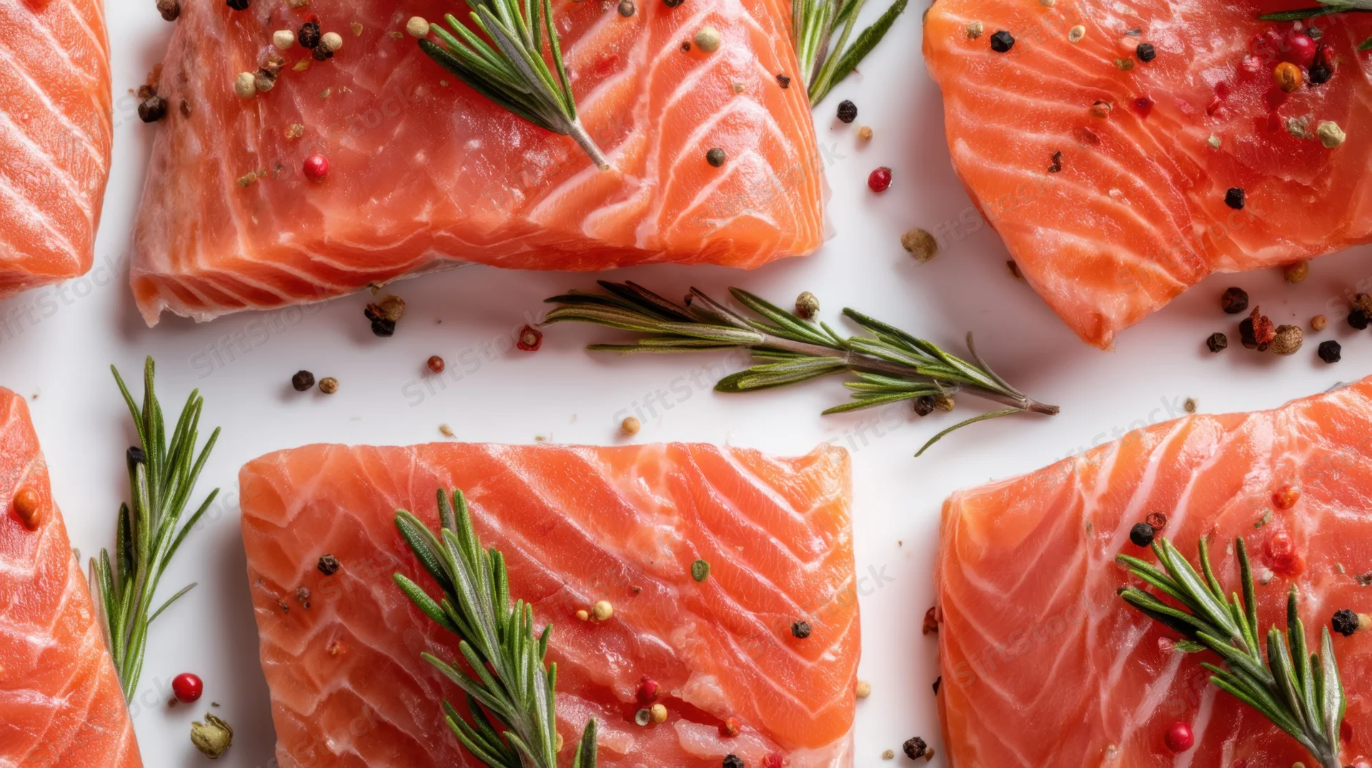 Fresh salmon fillets arranged with rosemary and peppercorns on white surface