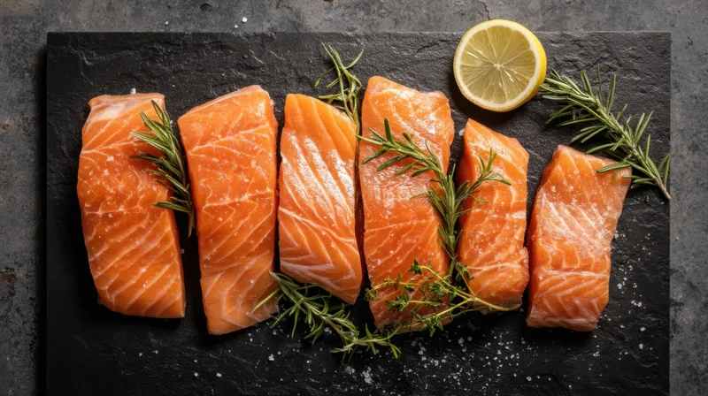 Raw salmon fillets arranged on dark slate with rosemary and lemon garnish