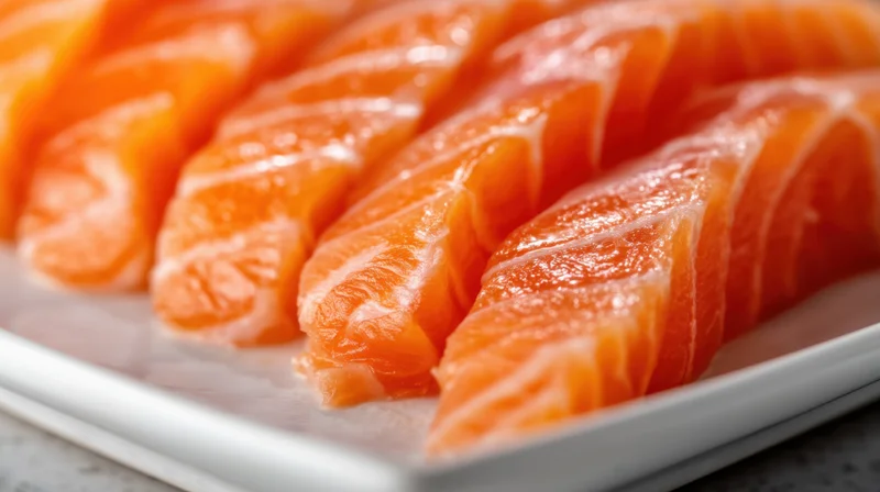 Freshly sliced salmon sashimi arranged on a white plate with visible texture and orange coloration